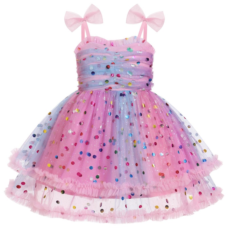 IMEKIS 5th 6th Birthday Dresses Girls: Kindergarten Graduation Kids Toddler Princess Sparkly Tulle Tutu Tea Party Ruffles Fairy Short Pageant Ice Cream Smocked Outfit Pink Rainbow Dots 5-6 Years - Image 1