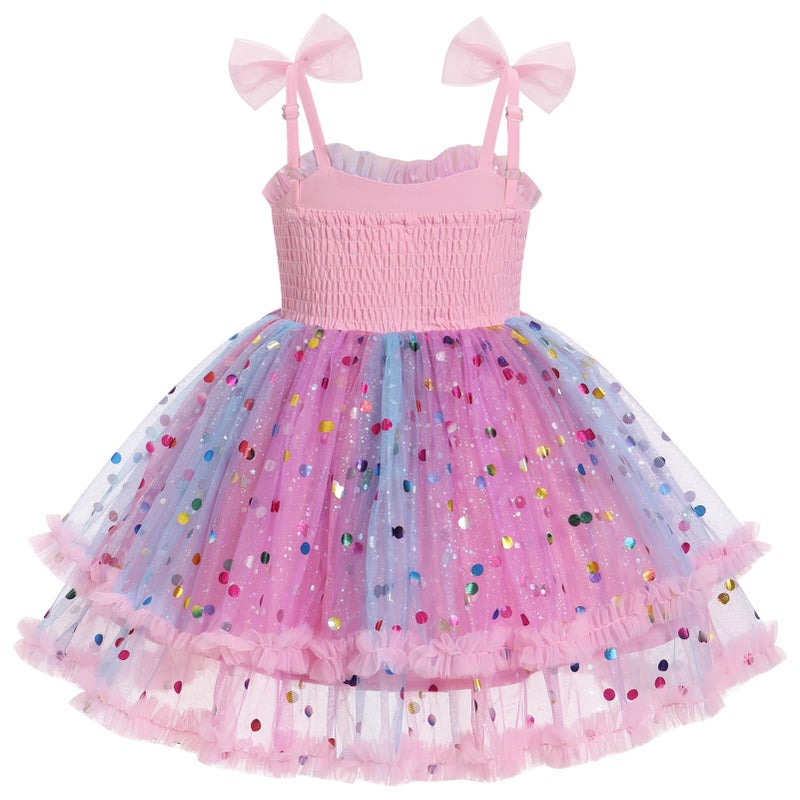 IMEKIS 5th 6th Birthday Dresses Girls: Kindergarten Graduation Kids Toddler Princess Sparkly Tulle Tutu Tea Party Ruffles Fairy Short Pageant Ice Cream Smocked Outfit Pink Rainbow Dots 5-6 Years - Image 4