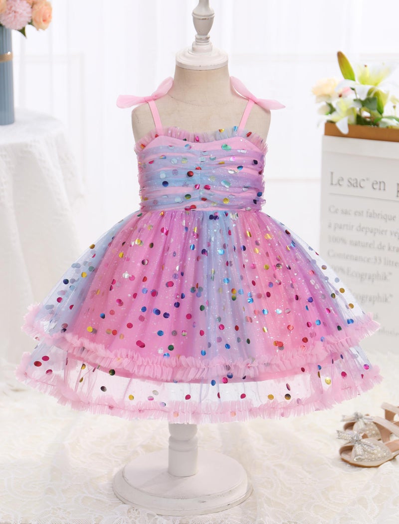 IMEKIS 5th 6th Birthday Dresses Girls: Kindergarten Graduation Kids Toddler Princess Sparkly Tulle Tutu Tea Party Ruffles Fairy Short Pageant Ice Cream Smocked Outfit Pink Rainbow Dots 5-6 Years - Image 3