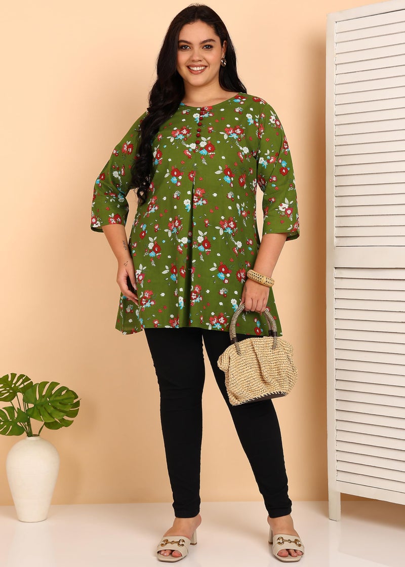 Yash Gallery Women’s Green Floral Print Cotton Tunic Top with Fabric Buttons & Front Pleat | Round Neck, 3/4 Sleeves | A-Line Short Kurti - Image 2