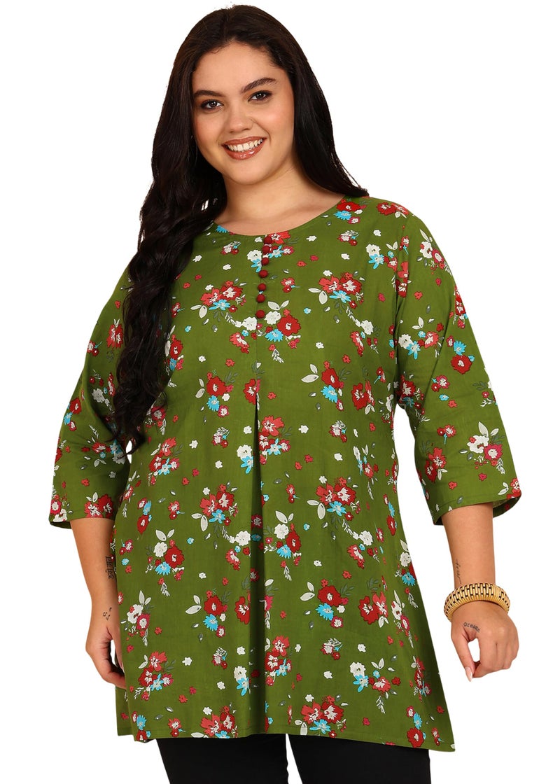 Yash Gallery Women’s Green Floral Print Cotton Tunic Top with Fabric Buttons & Front Pleat | Round Neck, 3/4 Sleeves | A-Line Short Kurti - Image 1
