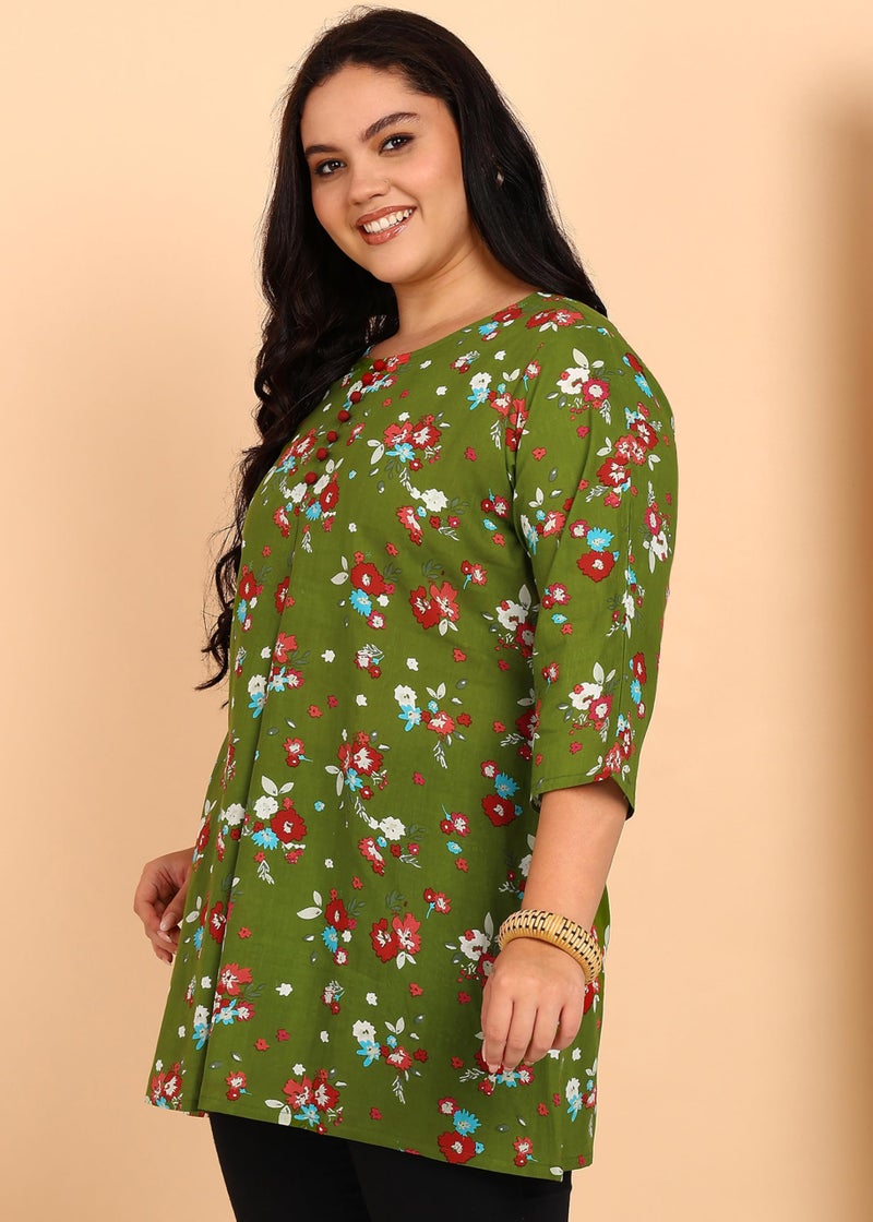 Yash Gallery Women’s Green Floral Print Cotton Tunic Top with Fabric Buttons & Front Pleat | Round Neck, 3/4 Sleeves | A-Line Short Kurti - Image 3