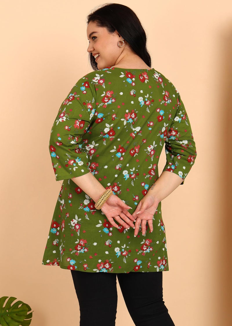Yash Gallery Women’s Green Floral Print Cotton Tunic Top with Fabric Buttons & Front Pleat | Round Neck, 3/4 Sleeves | A-Line Short Kurti - Image 4