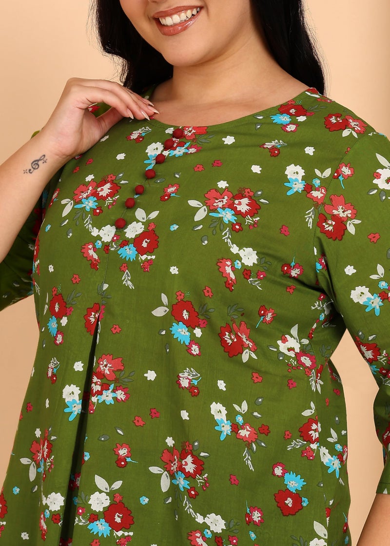 Yash Gallery Women’s Green Floral Print Cotton Tunic Top with Fabric Buttons & Front Pleat | Round Neck, 3/4 Sleeves | A-Line Short Kurti - Image 5