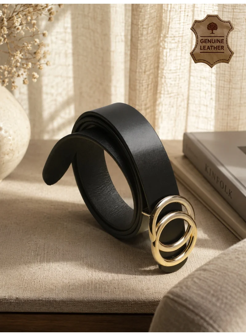 TEAKWOOD Teakwood Genuine Leather Belt for Women | Black Fashion Waist Belt | Gold Double Ring Buckle | Adjustable Size 31–40 | Durable Premium Finish | Ideal for Jeans, Dresses & Trousers