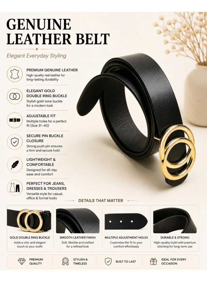 TEAKWOOD Teakwood Genuine Leather Belt for Women | Black Fashion Waist Belt | Gold Double Ring Buckle | Adjustable Size 31–40 | Durable Premium Finish | Ideal for Jeans, Dresses & Trousers