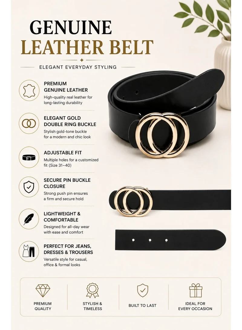 TEAKWOOD black Teakwood Genuine Leather Belt for Women | Black Fashion Waist Belt | Gold Double Ring Buckle | Adjustable Size 31–40 | Durable Premium Finish | Ideal for Jeans, Dresses & Trousers for Women | Best Price UAE