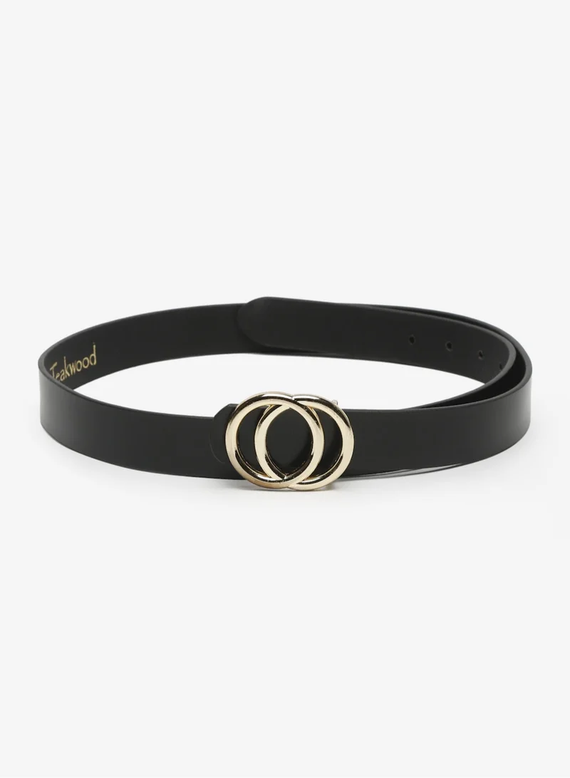 TEAKWOOD black Teakwood Genuine Leather Belt for Women | Black Fashion Waist Belt | Gold Double Ring Buckle | Adjustable Size 31–40 | Durable Premium Finish | Ideal for Jeans, Dresses & Trousers for Women | Best Price UAE