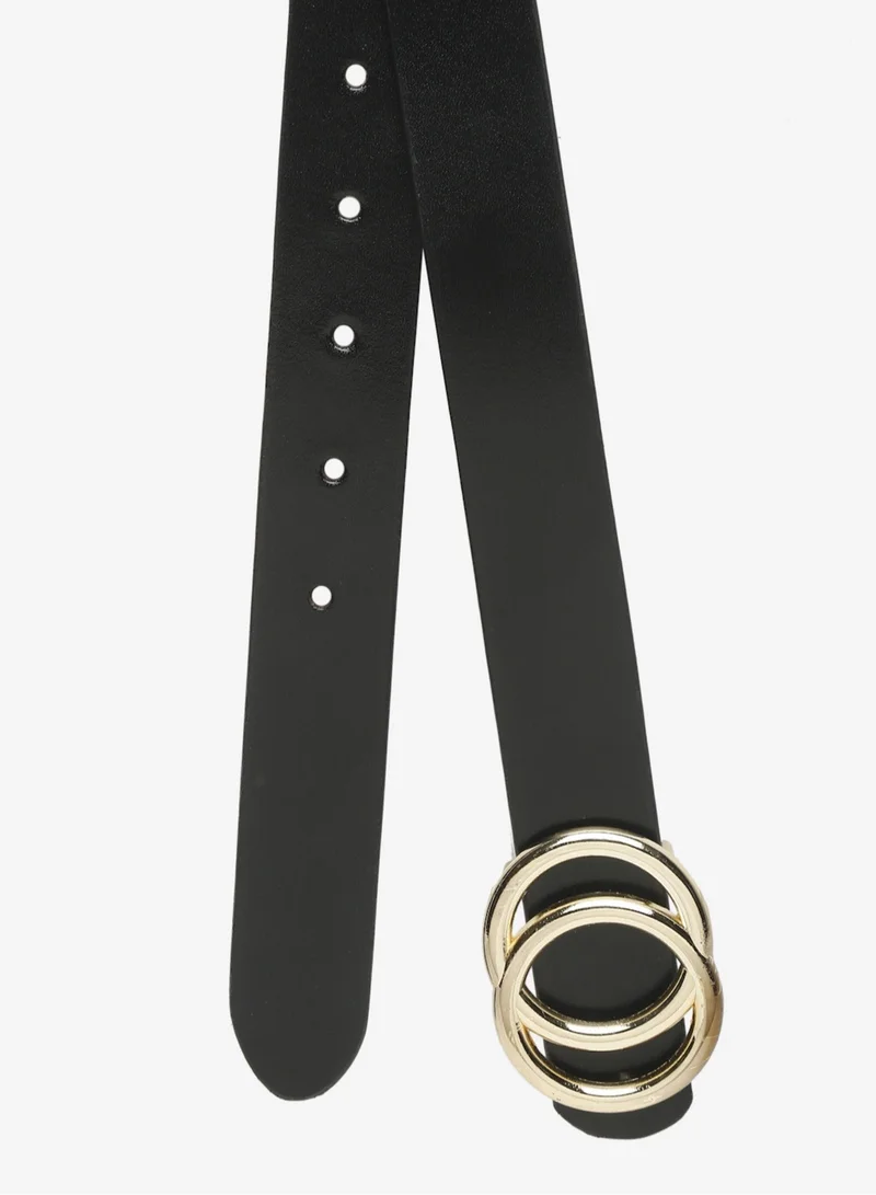 TEAKWOOD black Teakwood Genuine Leather Belt for Women | Black Fashion Waist Belt | Gold Double Ring Buckle | Adjustable Size 31–40 | Durable Premium Finish | Ideal for Jeans, Dresses & Trousers for Women | Best Price UAE