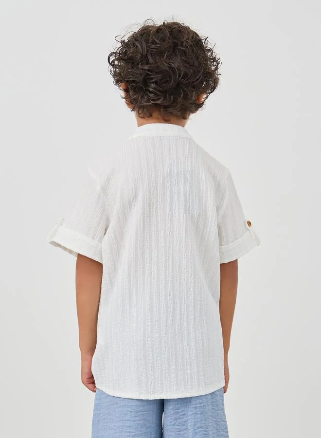 Styli Textured Mandarin Collar Short Sleeves Shirt