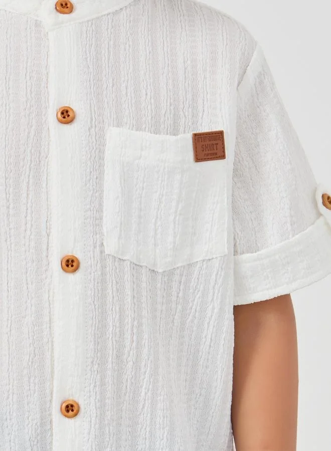 Styli Textured Mandarin Collar Short Sleeves Shirt