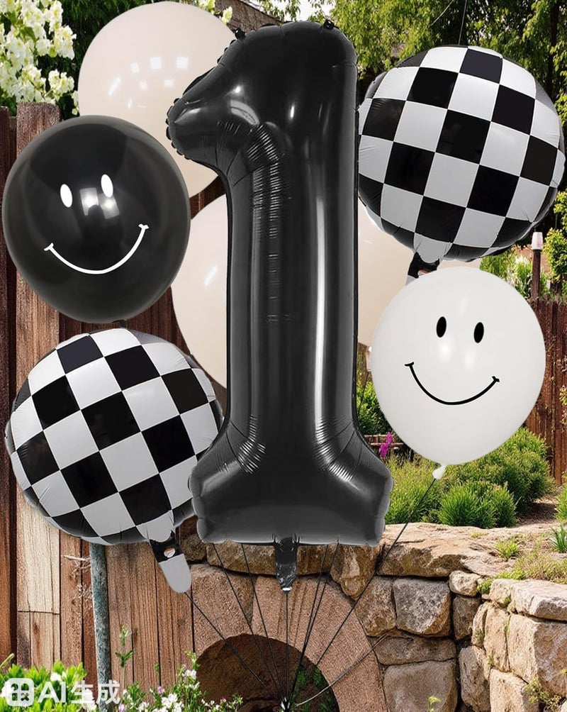 100% liked-One Happy Dude 1st Birthday Balloon Set â€“ 40" Black & White Smiley Face Foil + Latex Balloons, Checkered Baby Shower Decorations, Kids Party Supplies for Boys and Girls - Image 5