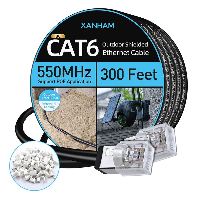 XANHAM Cat6 Shielded Outdoor Ethernet Cable 300 Feet Waterproof and UV Resistant Direct Burial Jacket 23AWG Solid Copper Cat 6 FTP Network Cable, for POE and Internet Cabling Application - Image 1