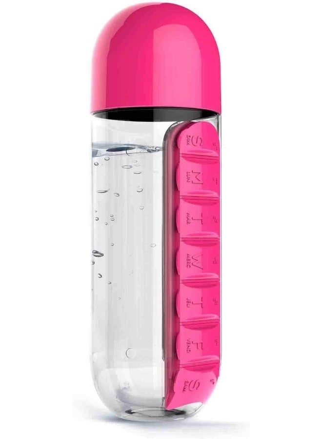 Kevibuy 7-Day Water Bottle with Pill Organizer Case 20 oz | Weekly Pill Holder Reminder Box for Vitamin/Fish Oil/Supplement | Medication Holder with Daily Marker for Sport and Travel 2 in 1 (Pink) - Image 1