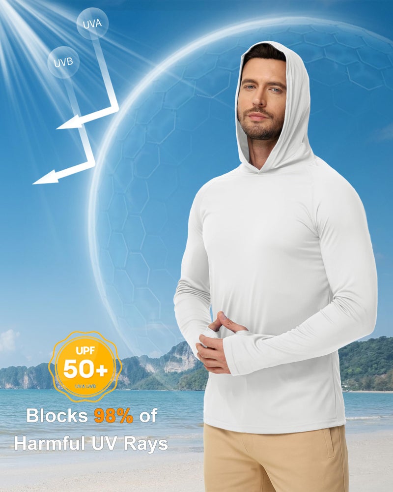 Boladeci Mens Rash Guard Long Sleeve Sun Protection Shirts with Hood UPF Hoodie Lightweight Quick Dry Fit Summer SPF Fishing Gear White XL - Image 3