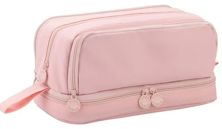 ANGOO large capacity pencil case, 3 compartments canvas pencil case, suitable for teenagers, boys, girls, and students (pink) - Image 1