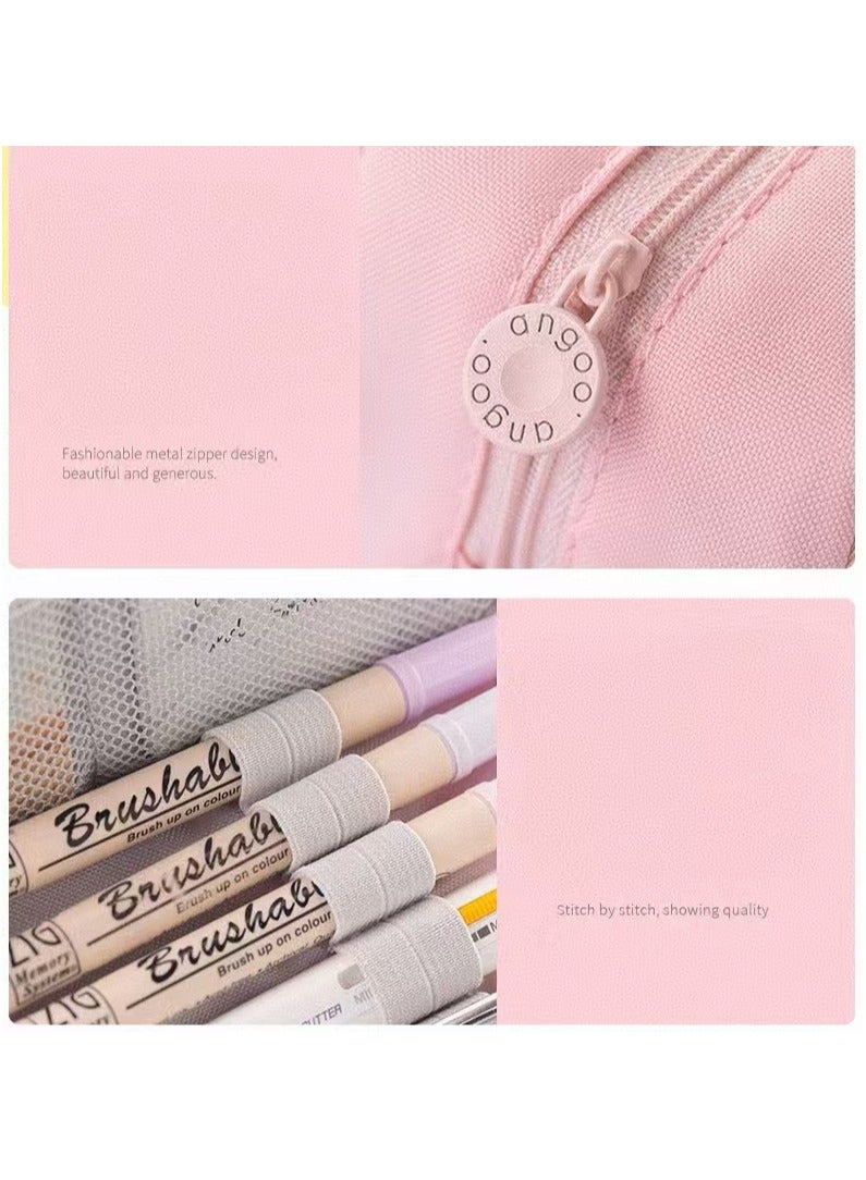 ANGOO large capacity pencil case, 3 compartments canvas pencil case, suitable for teenagers, boys, girls, and students (pink) - Image 3