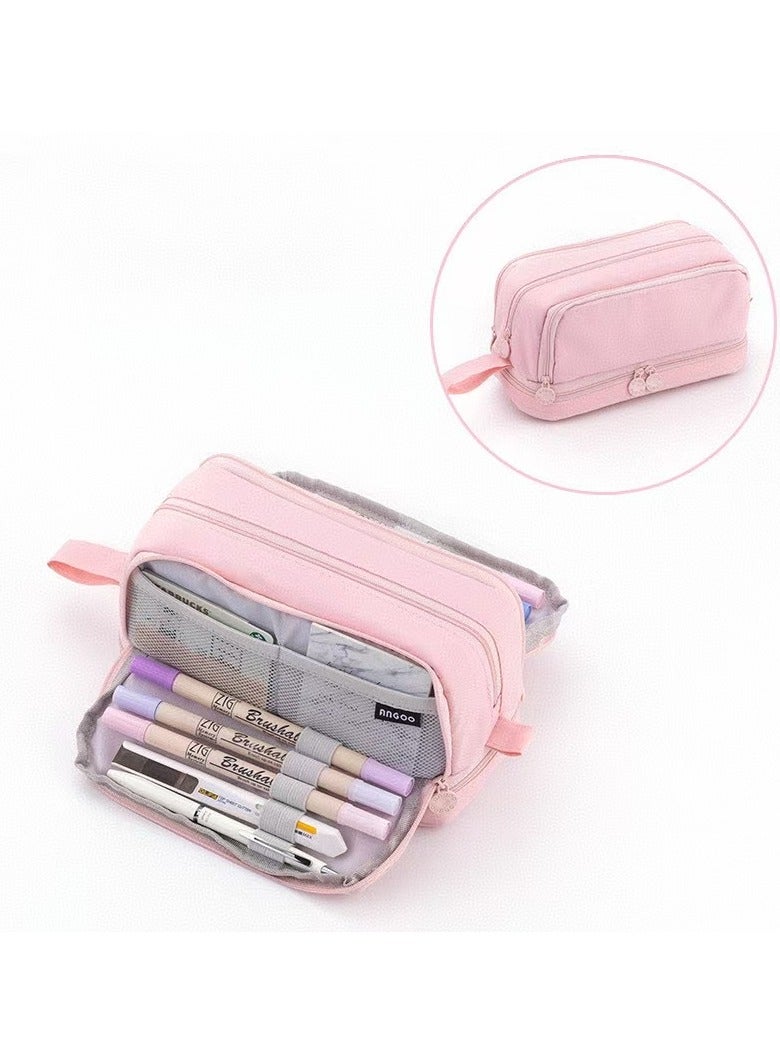 ANGOO large capacity pencil case, 3 compartments canvas pencil case, suitable for teenagers, boys, girls, and students (pink) - Image 5