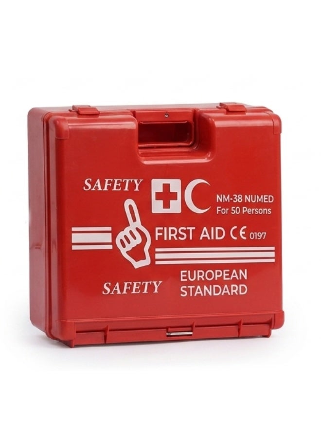Emergency First Aid Kit for 50 People | Complete Workplace Safety Medical Supplies Box | Durable Red ABS Cabinet for Offices, Warehouses, Factories, and Schools