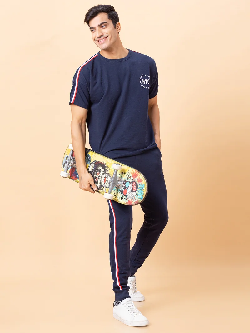 Globus Men Navy Solid Cotton Sports Co-Ords Set with T-shirt and Jogger