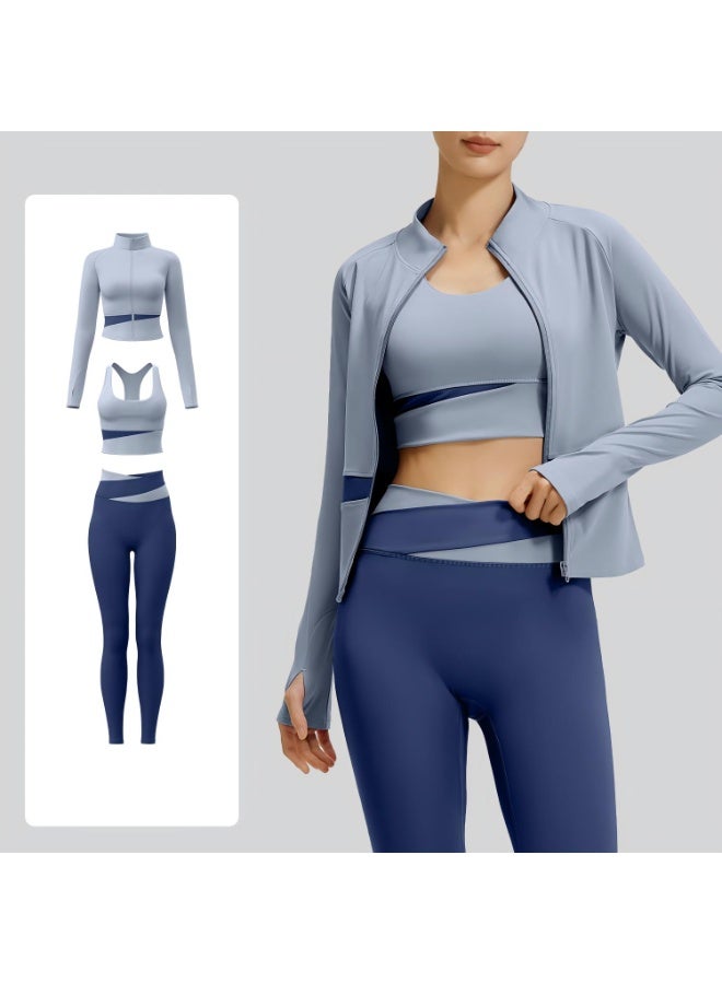 Women's 3-Piece Yoga Workout Set: Full-Zip Stand Collar Sport Jacket with Thumb Holes, Built-in Bra Tops, High-Waist Tummy Control Leggings & Headband Athletic Activewear Suit - Image 1