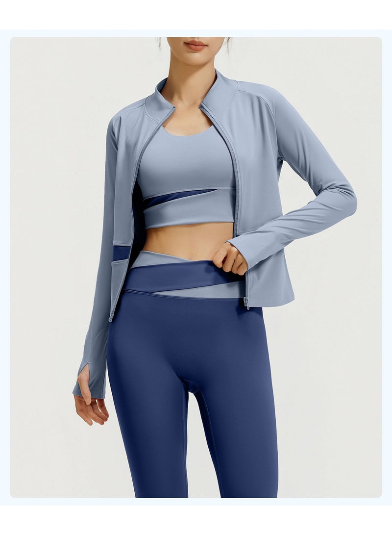 Women's 3-Piece Yoga Workout Set: Full-Zip Stand Collar Sport Jacket with Thumb Holes, Built-in Bra Tops, High-Waist Tummy Control Leggings & Headband Athletic Activewear Suit - Image 2