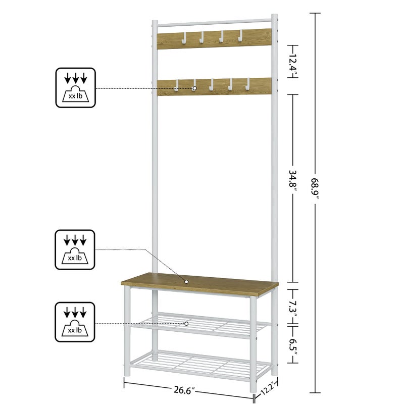 AEPOALUA Hall Tree with Bench and Shoe Storage, 3-in-1 Coat Rack Shoe Bench, Freestanding Wooden Coat Rack with Metal Frame, 3-Tier Storage Shelf and 9 Removable Hooks, White/Walnut - Image 4