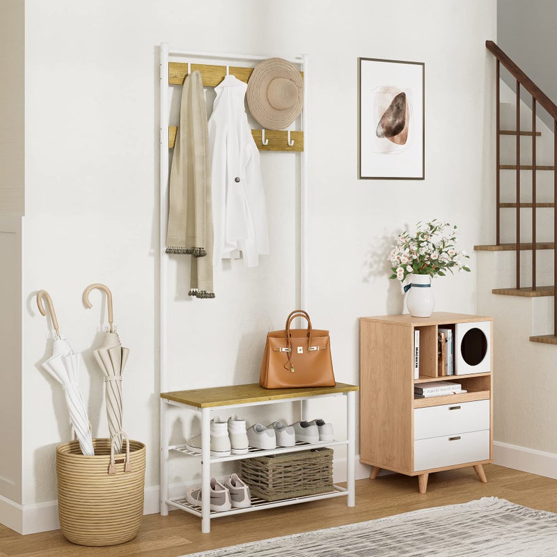 AEPOALUA Hall Tree with Bench and Shoe Storage, 3-in-1 Coat Rack Shoe Bench, Freestanding Wooden Coat Rack with Metal Frame, 3-Tier Storage Shelf and 9 Removable Hooks, White/Walnut - Image 2
