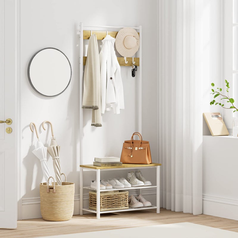 AEPOALUA Hall Tree with Bench and Shoe Storage, 3-in-1 Coat Rack Shoe Bench, Freestanding Wooden Coat Rack with Metal Frame, 3-Tier Storage Shelf and 9 Removable Hooks, White/Walnut - Image 1
