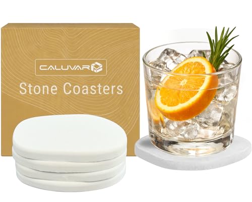 CALUVAR Stone Coasters Set of 4 White Sandstone, Water Absorbent Diatomaceous Earth Coasters for Drinks, Small Plant Coaster, Housewarming Gift, Modern White Bathroom Decor, Fast Absorbing Diatomite Coaster - Image 1