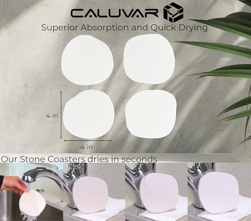 CALUVAR Stone Coasters Set of 4 White Sandstone, Water Absorbent Diatomaceous Earth Coasters for Drinks, Small Plant Coaster, Housewarming Gift, Modern White Bathroom Decor, Fast Absorbing Diatomite Coaster - Image 3