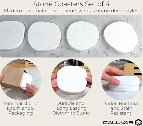 CALUVAR Stone Coasters Set of 4 White Sandstone, Water Absorbent Diatomaceous Earth Coasters for Drinks, Small Plant Coaster, Housewarming Gift, Modern White Bathroom Decor, Fast Absorbing Diatomite Coaster - Image 4
