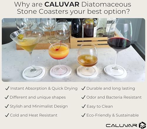 CALUVAR Stone Coasters Set of 4 White Sandstone, Water Absorbent Diatomaceous Earth Coasters for Drinks, Small Plant Coaster, Housewarming Gift, Modern White Bathroom Decor, Fast Absorbing Diatomite Coaster - Image 5