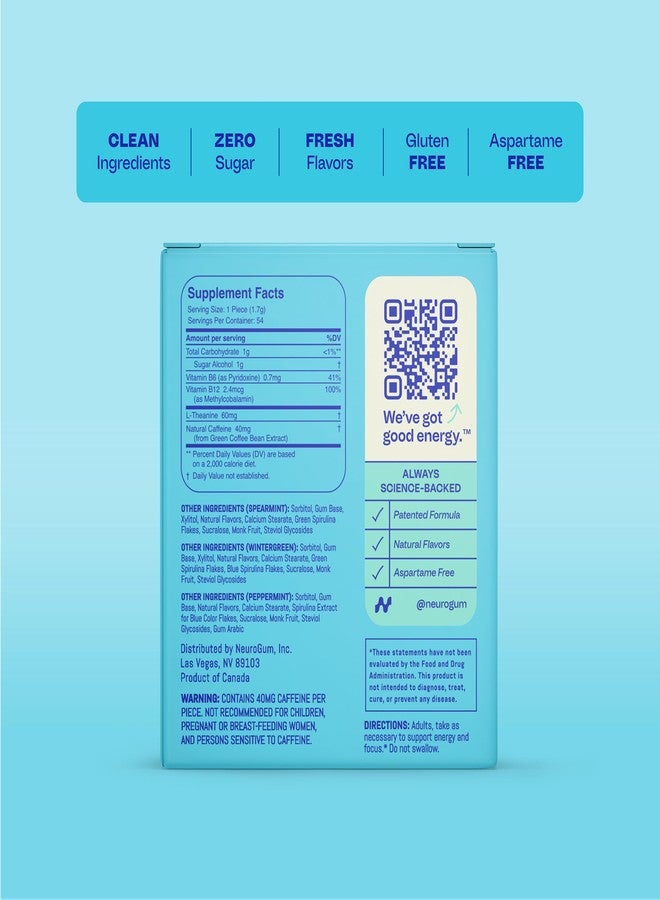 Neuro Variety Pack Gum - Energy & Focus Gum (Peppermint, Spearmint, Wintergreen) - Nootropic Supplement with Natural Caffeine + L-Theanine for Brain Health - Sugar Free, Vegan - 54 ct, 6 Pack - Image 4