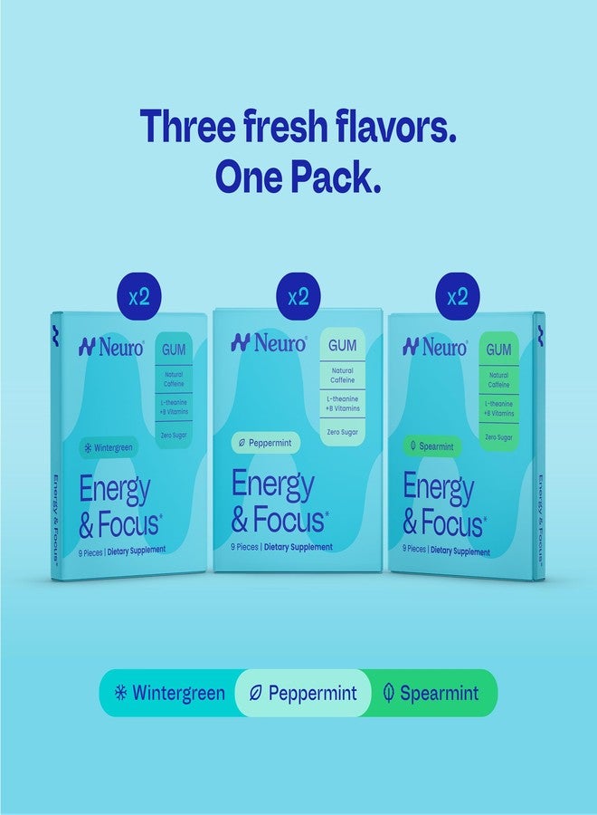 Neuro Variety Pack Gum - Energy & Focus Gum (Peppermint, Spearmint, Wintergreen) - Nootropic Supplement with Natural Caffeine + L-Theanine for Brain Health - Sugar Free, Vegan - 54 ct, 6 Pack - Image 3