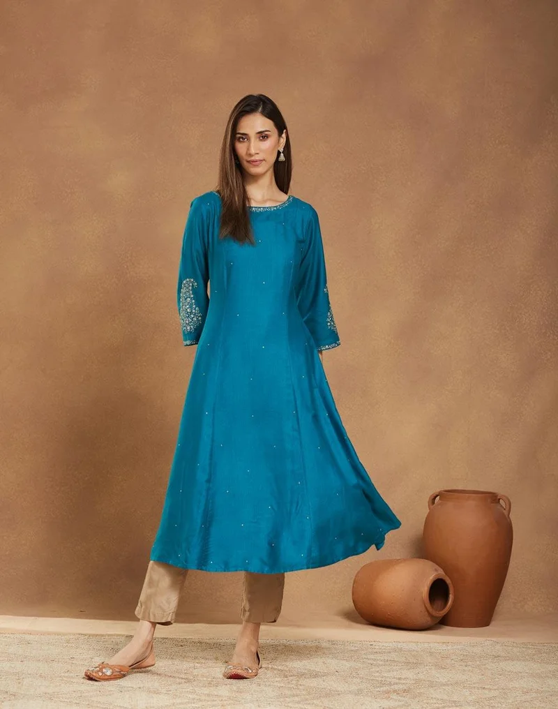 Fabindia Teal Viscose Silk Embroidered Slim Fit Long Kurta