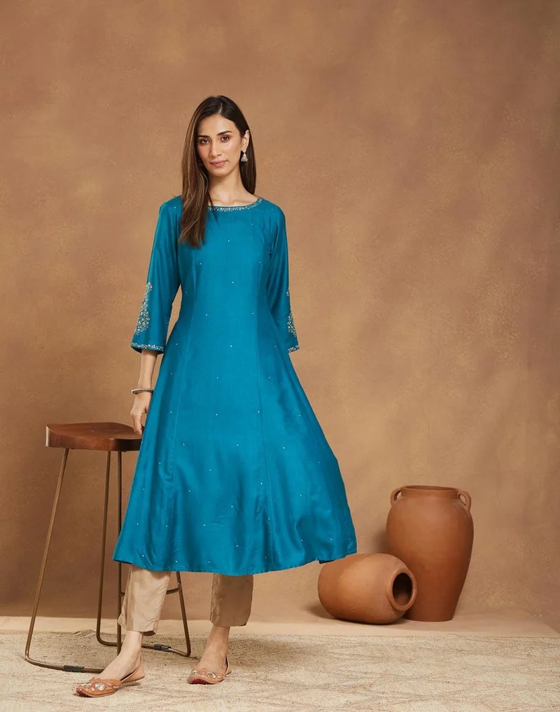 Fabindia Teal Viscose Silk Embroidered Slim Fit Long Kurta
