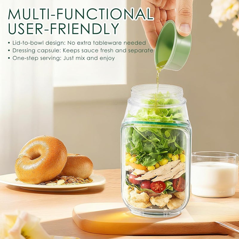 ciciglow Salad Jar with Side Opening, Portable Salads Container, Plastic Salad Mason Jar with Dressing Cup & Lid, Leakproof, for Home Travel Meal Preparation - Image 4