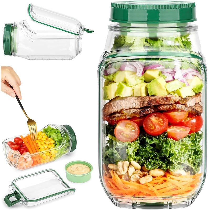 ciciglow Salad Jar with Side Opening, Portable Salads Container, Plastic Salad Mason Jar with Dressing Cup & Lid, Leakproof, for Home Travel Meal Preparation - Image 1