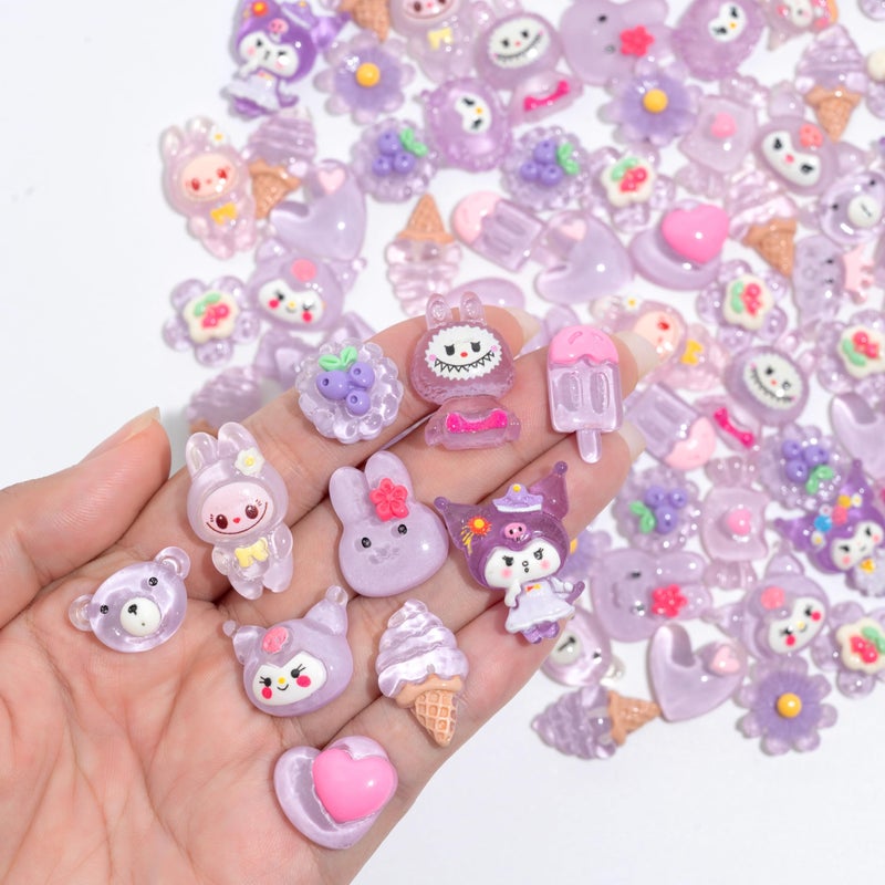 Decoden Charms 100PCS Mixed Kawaii Flatback Resin Charms for Crafts, Cabochon for DIY Projects, Slime Charm, Resin Art, Scrapbooking, Phone Case & Accessories (Purple) - Image 3