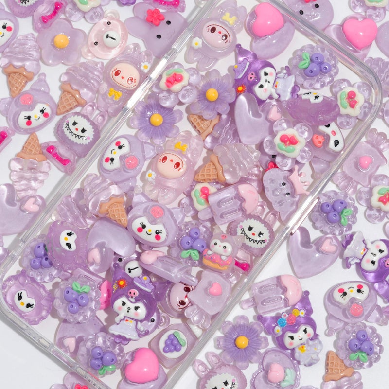 Decoden Charms 100PCS Mixed Kawaii Flatback Resin Charms for Crafts, Cabochon for DIY Projects, Slime Charm, Resin Art, Scrapbooking, Phone Case & Accessories (Purple) - Image 1