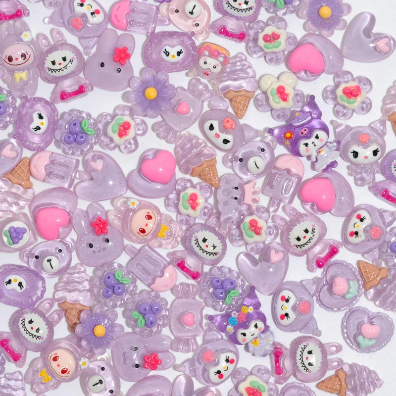 Decoden Charms 100PCS Mixed Kawaii Flatback Resin Charms for Crafts, Cabochon for DIY Projects, Slime Charm, Resin Art, Scrapbooking, Phone Case & Accessories (Purple) - Image 4