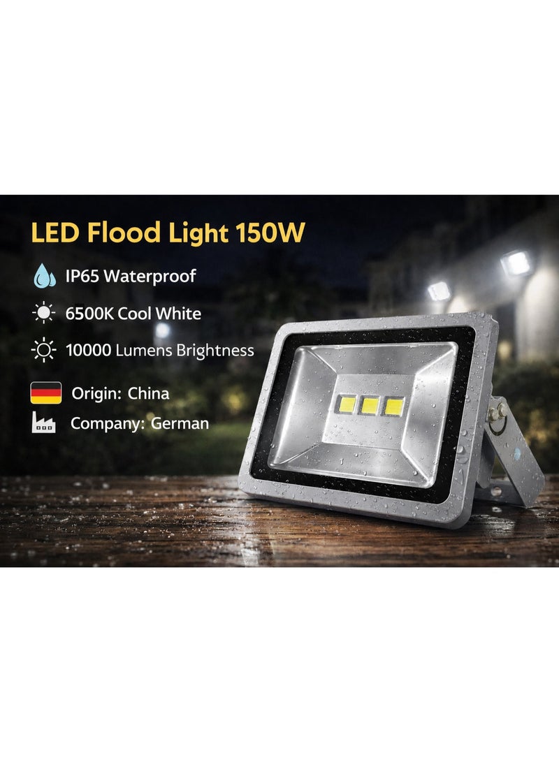 كشاف LED خارجي 150 واط مقاوم للماء IP65 ضوء أبيض بارد 6500K سطوع 10000 لومن هيكل من الألمنيوم كشاف أمني عالي القدرة 230 فولت - شركة ألمانية - Image 3