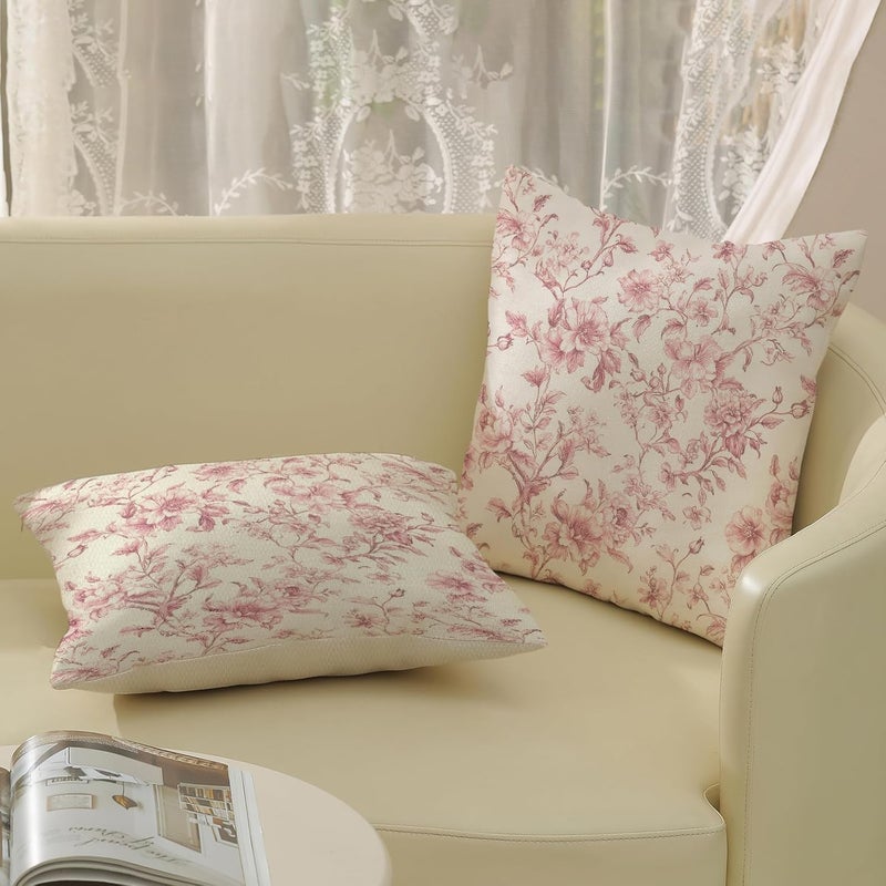 GOLIANDA Pink Pillow Covers 18x18 Set of 2 Pink and Cream Floral Chinoiserie Throw Pillows Vintage Rustic Toile Flower Decorative Pillowcase Outdoor Chinoiserie Decor Linen Cushion Case for Couch Sofa - Image 4