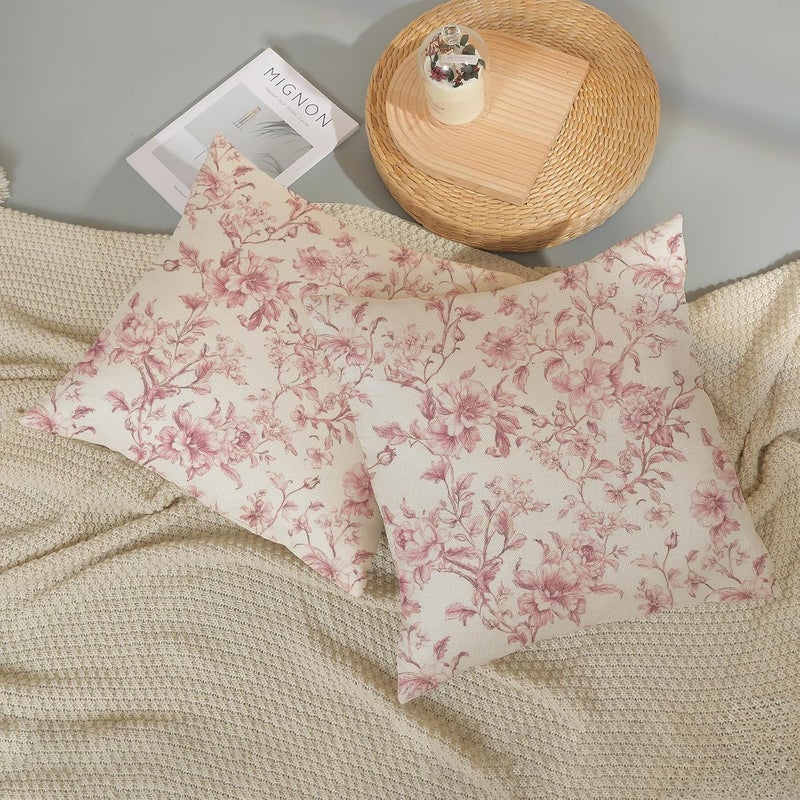 GOLIANDA Pink Pillow Covers 18x18 Set of 2 Pink and Cream Floral Chinoiserie Throw Pillows Vintage Rustic Toile Flower Decorative Pillowcase Outdoor Chinoiserie Decor Linen Cushion Case for Couch Sofa - Image 5