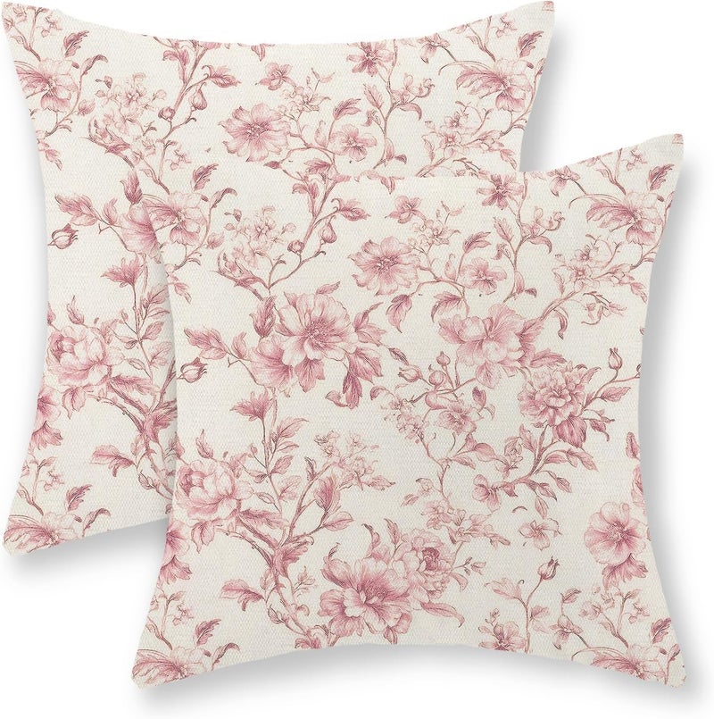 GOLIANDA Pink Pillow Covers 18x18 Set of 2 Pink and Cream Floral Chinoiserie Throw Pillows Vintage Rustic Toile Flower Decorative Pillowcase Outdoor Chinoiserie Decor Linen Cushion Case for Couch Sofa - Image 1