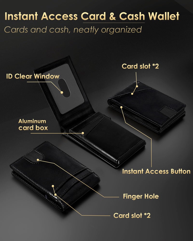QLD Wallet for Men - RFID Blocking [Functional & Practical] Bifold Slim Minimalist Credit Card Holder Pop Up Metal Case with Cash Slot, Front Pocket with ID Window, Gift Boxed - Image 5