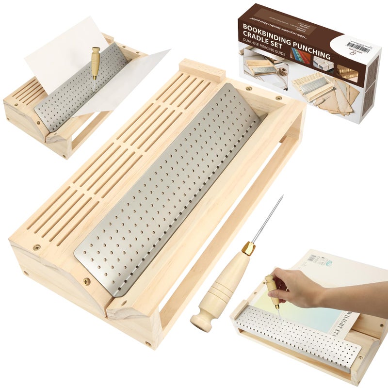 NewEle Bookbinding Punching Cradle Set Includes DualUse Piercing Guide with a AwlWoodenHandled Signature Holes Punch for Books Cover Journal Mini Albums Notebooks DIY Crafts - Image 2