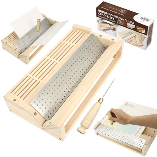 NewEle Bookbinding Punching Cradle Set Includes DualUse Piercing Guide with a AwlWoodenHandled Signature Holes Punch for Books Cover Journal Mini Albums Notebooks DIY Crafts - Image 1
