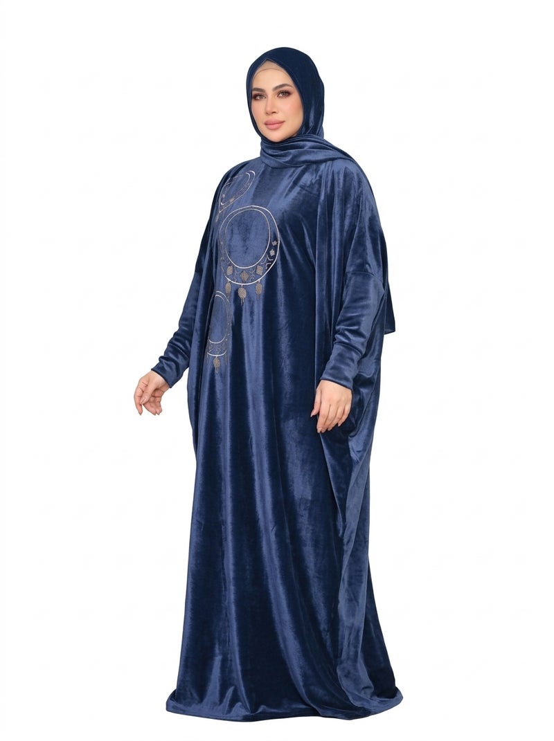 Luxury Navy Blue Abaya with Classic Embroidered Bead Design, Suitable for Formal & Daily Occasions, Elegant Navy Blue Color - Size free 80-120kg - Image 2